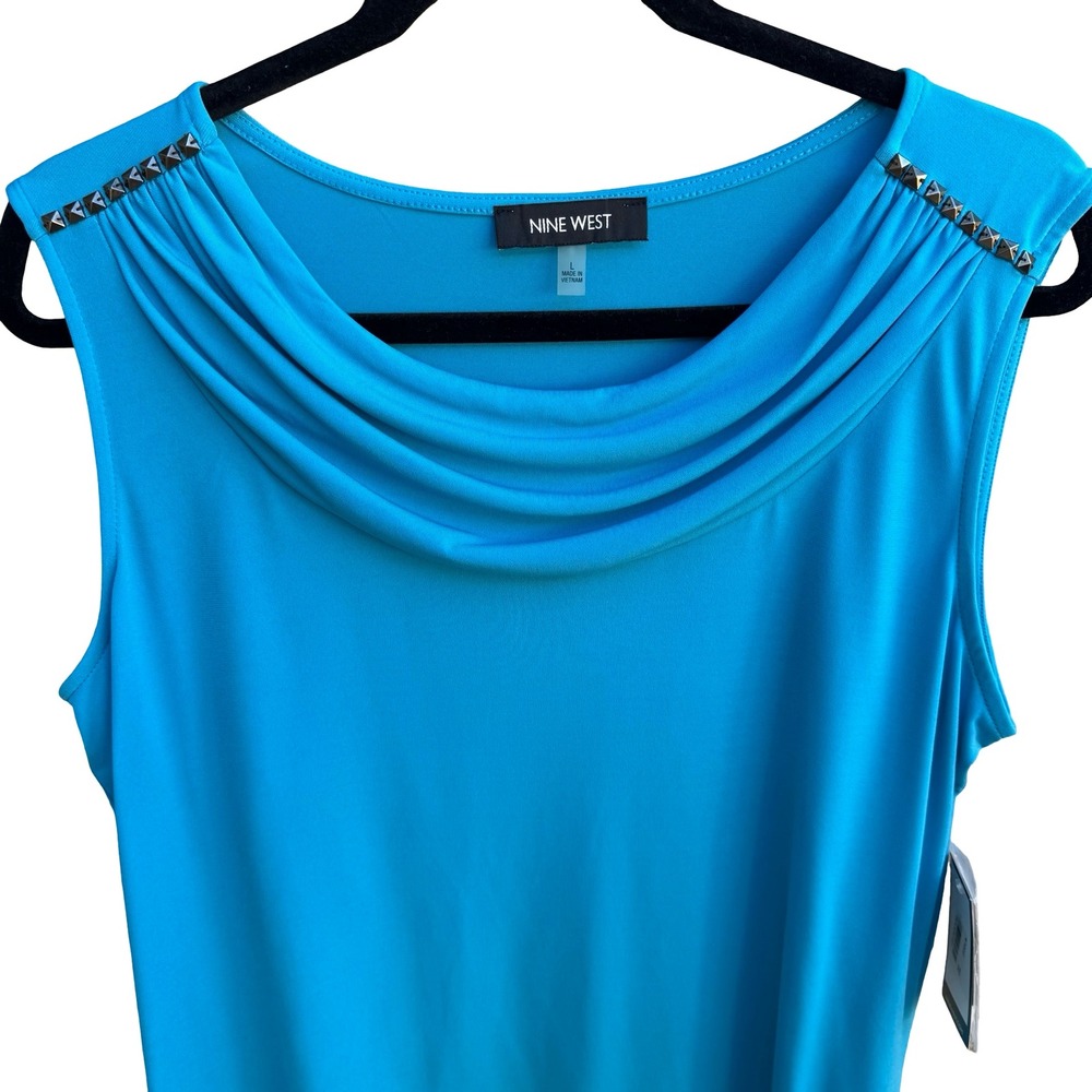 Nine West Professional Edgy Career Cowl Neck Studded Sleeveless Blouse Blue NWT
